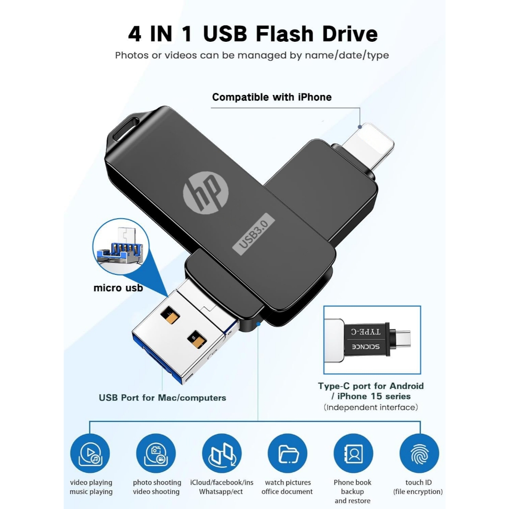 แฟลชไดรฟ์ USB Hp 2TB เหมาะสําหรับ Apple 3 in 1 Photo Stick ไดรฟ์นิ้วหัวแม่มือ USB ภายนอกความเร็วสูง