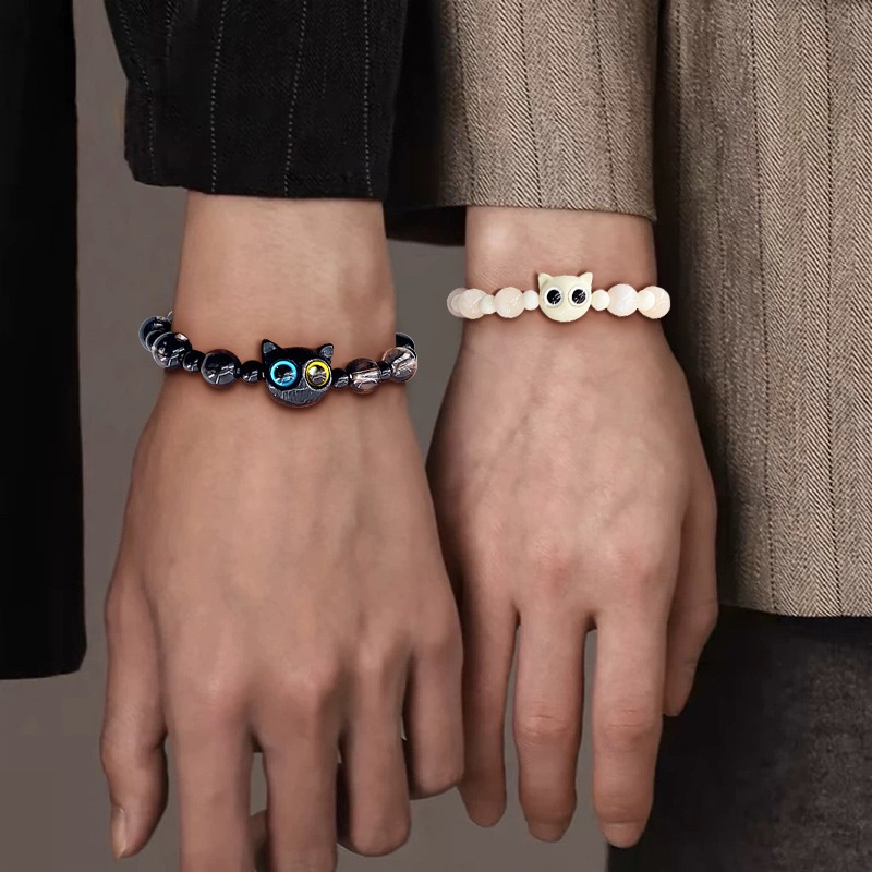 แฟชั่น2ชิ้น/เซ็ตแมวลูกปัดสร้อยข้อมือกําไลข้อมือยืดหยุ่นคู่เครื่องประดับของขวัญสําหรับผู้หญิงผู้ชาย