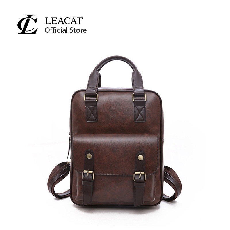 Leacat กระเป๋าเป้สะพายหลัง กระเป๋านักเรียน หนัง สีน้ําตาล กันน้ํา กันขโมย ใส่แล็ปท็อป เดินทาง สไตล์เรโทร สําหรับผู้หญิง