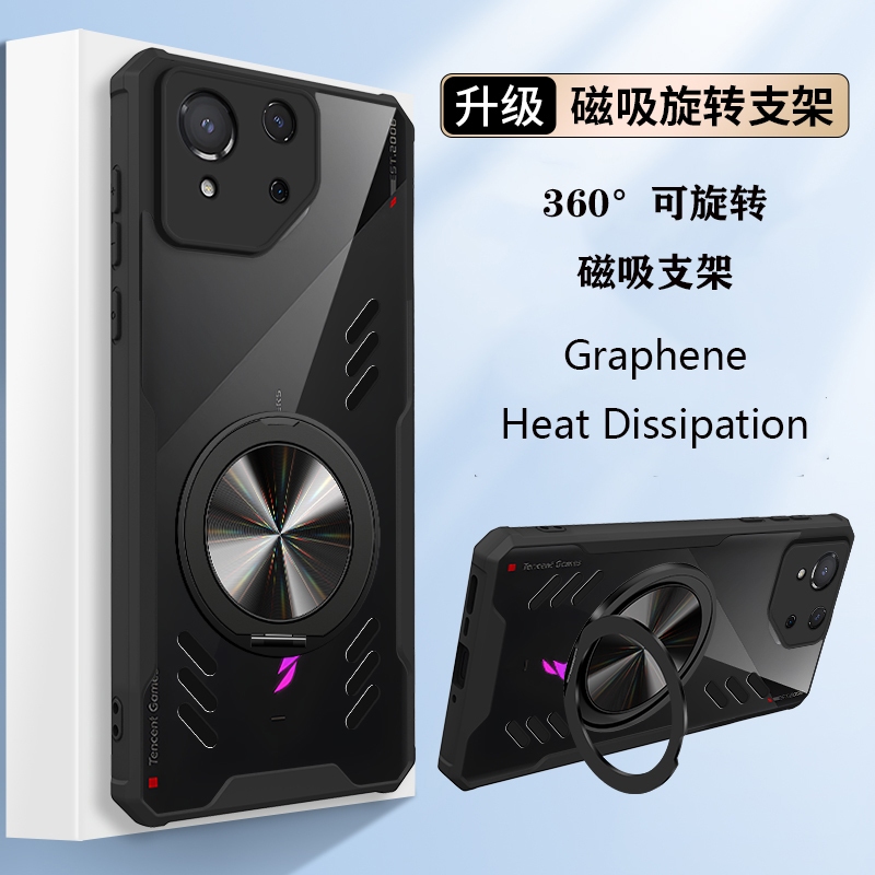 แม่เหล็ก360° ขาตั้งหมุนเคสโทรศัพท์สําหรับ ASUS Rog โทรศัพท์ 8 Rog 8 Pro 5G กรณี Graphene การกระจายความร้อนกันกระแทกฝาครอบโปร่งใสพร้อมที่วางแหวน