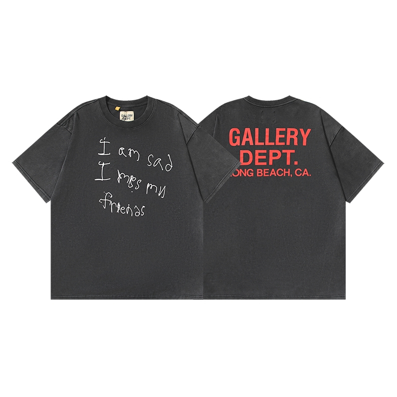 Real Shot American Street Wear GALL--ERY DEPT Distressed Washing Water Short-Sleeved Loose T-Shirt Letter Graffiti พิมพ์ Unisex สไตล์เดียวกัน