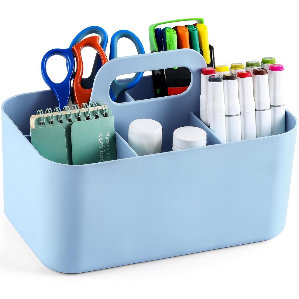 Multiuse Caddy Organizer พร้อมที่จับ-ตะกร้าถังพลาสติกวางซ้อนกันได้-แบ่งเก็บ Tote Holder สําหรับอุปกรณ์ศิลปะหัตถกรรม, แต่งหน้า, ห้องน้ํา, ฝักบัว, ทําความสะอาด, ห้องครัว, สํานักงาน, หอพัก,