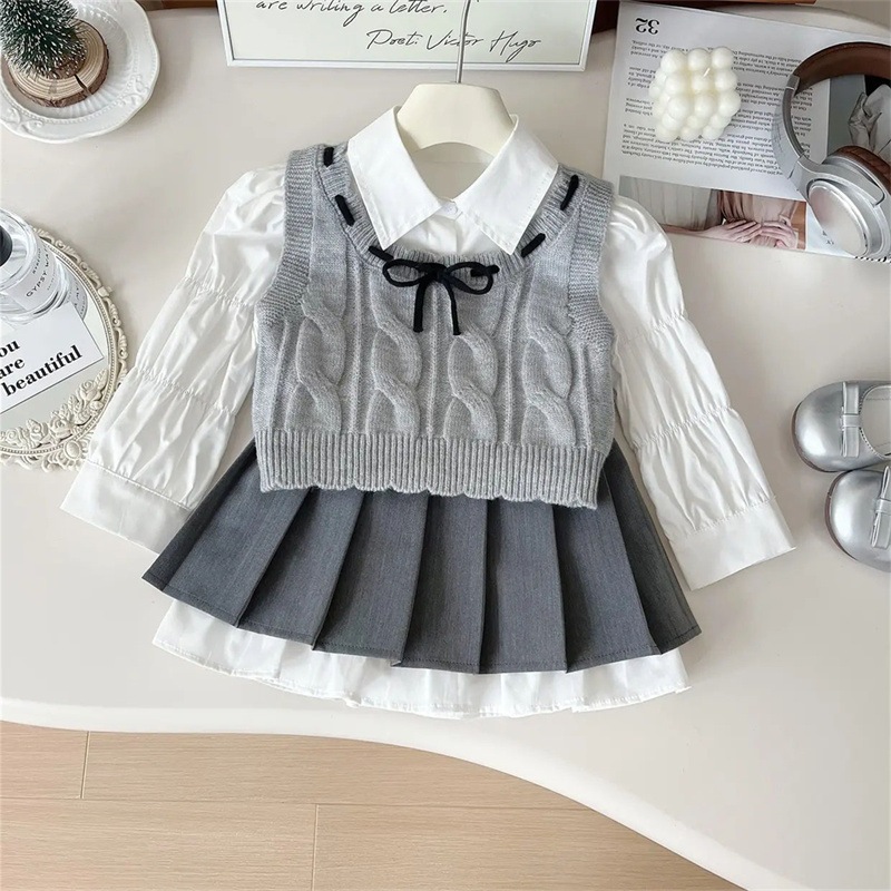 สาวฤดูใบไม้ร่วงใหม่สไตล์กระโหลกชุดฤดูใบไม้ร่วงสาวเด็กทารกแฟชั่นเสื้อเสื้อกั๊กกระโปรงชุดสามชิ้น