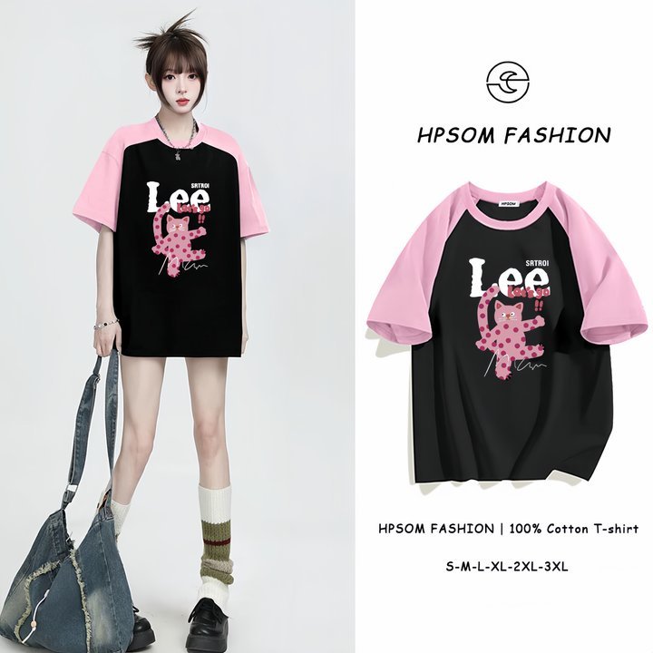 เสื้อยืดแขนสั้นผู้หญิง HPSOM เสื้อลายแมว ผ้าฝ้าย 100% เสื้อยืดโอเวอร์ไซส์ทรงหลวม เสื้อยืดสาวอวบ