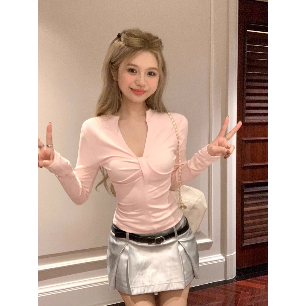 NZN เสื้อ Bottoming สีชมพูคอวี Slim-Fit สาวร้อน Slimmer ดูภายในแขนยาว