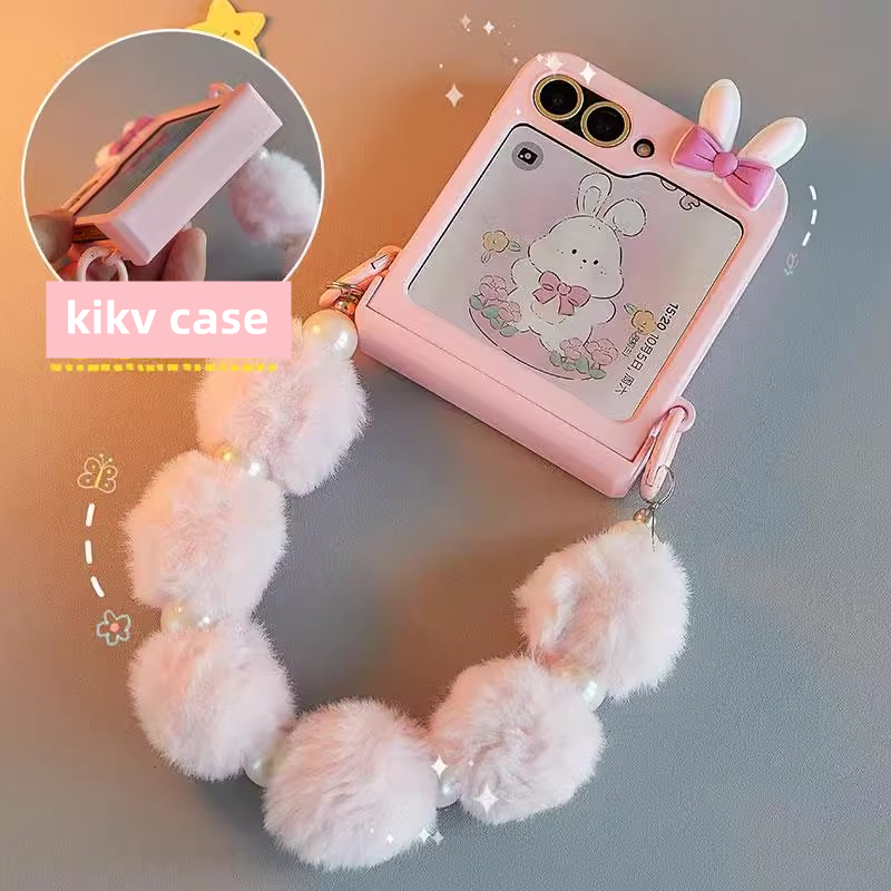เคสโทรศัพท์หูกระต่ายสีชมพูน่ารักพร้อมโบว์สำหรับ Samsung Galaxy Z Flip 5 6 Z Flip6 Z Flip 5 Z Flip 6 Flip5 เคสกันกระแทกด้านหลังพร้อมสร้อยข้อมือไข่มุกลูกขน