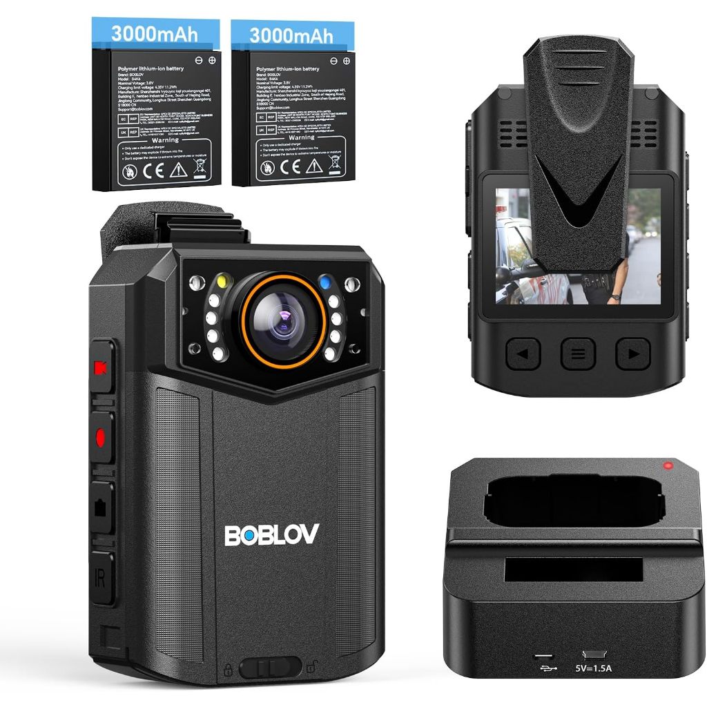 BOBLOV B4K6 Body Camera กล้อง 4K พร้อมแบตเตอรี่ 2 ชิ้น 3000mAh, 128GB Body Cam พร้อมการติดตาม GPS และแท่นชาร์จสะดวก – บันทึก 8-10 ชั่วโมงสําหรับการบังคับกฎหมาย, ผจญภัยกลางแจ้ง, กล้องติดตัวตํารวจ