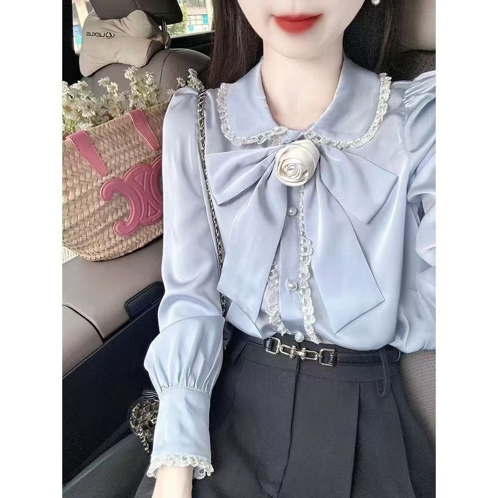 สไตล์เกาหลีผู้หญิงสุภาพสตรีหลวมลูกไม้ หูกระต่าย เสื้อเชิ้ตแขนยาวเสื้อ