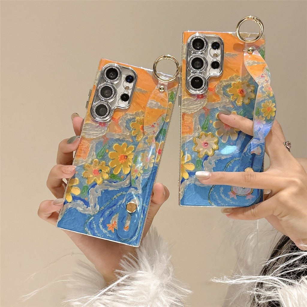บลูเรย์ เป็ดดอกไม้ แถบข้อมือ ซองโทรศัพท์ Samsung Galaxy S24 FE S24 Ultra S24 Plus S24 S23FE S23 Ultra S23 Plus S23 S22Ultra Case เคสโทรศัพท์ใหม่ IMD ป้องกันการตก เคสมือถือซัมซุง