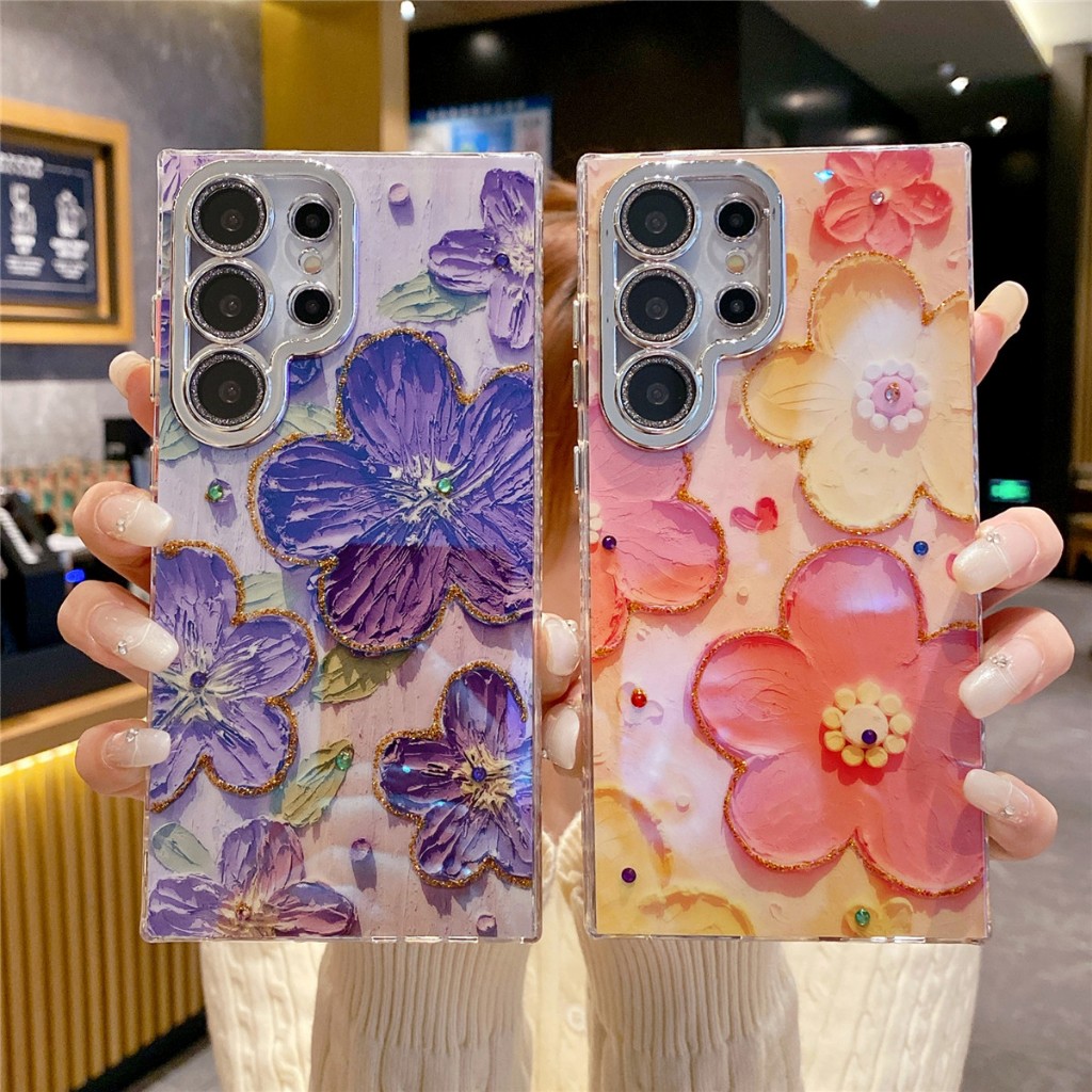 บลูเรย์ ดอกไม้สีม่วงชมพู ซองโทรศัพท์ Samsung Galaxy S25 Ultra S25 Plus S25 S24 Ultra S24 Plus S24 S23 Ultra S23 Plus S23 S22Ultra Case เคสโทรศัพท์ใหม่ IMD ป้องกันการตก เคสมือถือซัมซุง