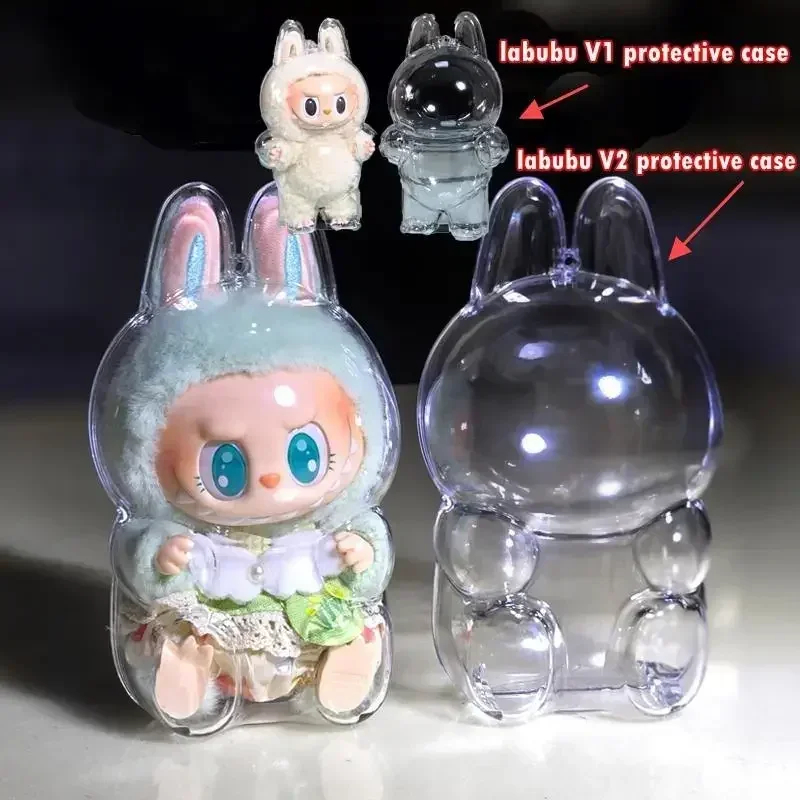 เคสอะคริลิคใส Labubu V2 จี้ห้อยกระเป๋าและพวงกุญแจ ฟรีปอมปอม ป้องกันฝุ่นและรอยขีดข่วน ซิปคู่ สำหรับ Labubu V1 V2 กันเลอะ พกพาง่าย