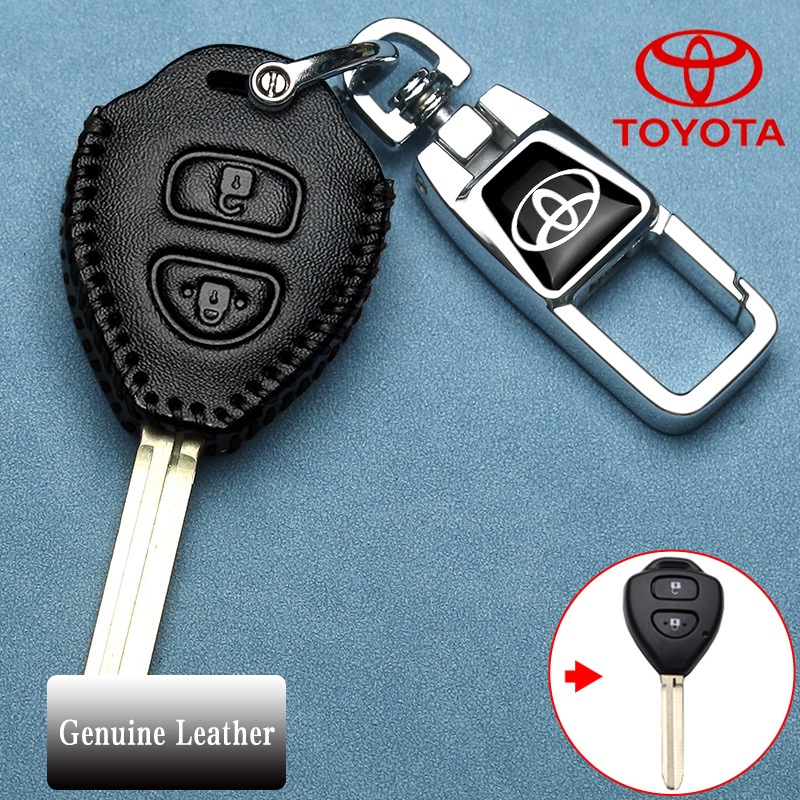 Toyota 2 ปุ่มหนังแท้รถ Remote Key Case เหมาะสําหรับ Toyota vigo/fortuner/vios/yaris/camry ฝาครอบกุญแจพวงกุญแจอุปกรณ์เสริม