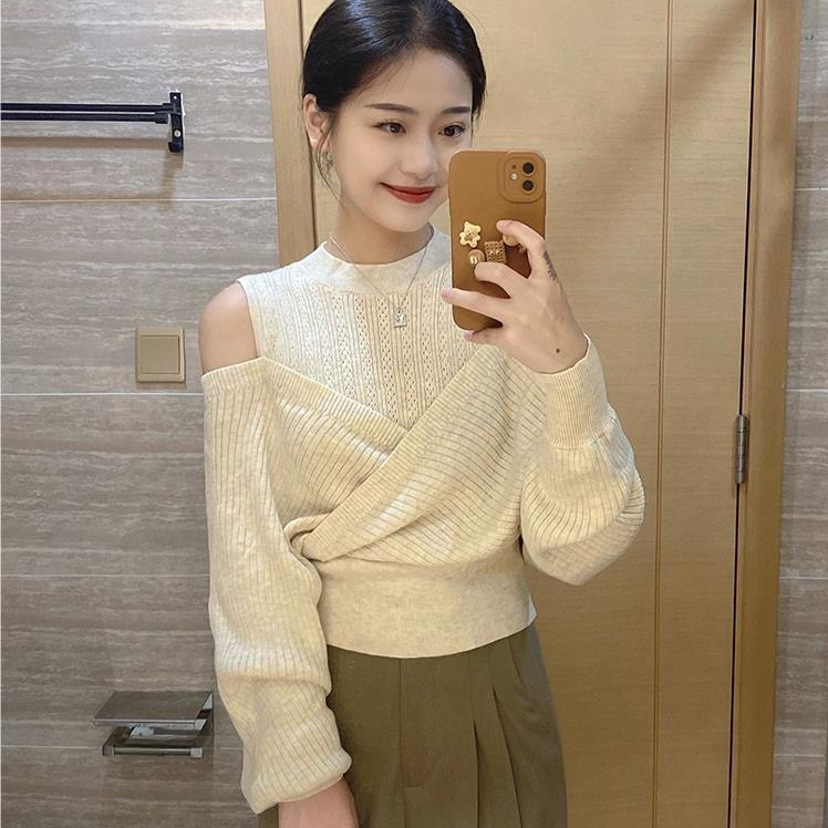 Hermarou เสื้อกันหนาวผู้หญิงถักแขนยาวแอปริคอทคอกลมด้านบนข้ามสัมผัสการออกแบบไหล่