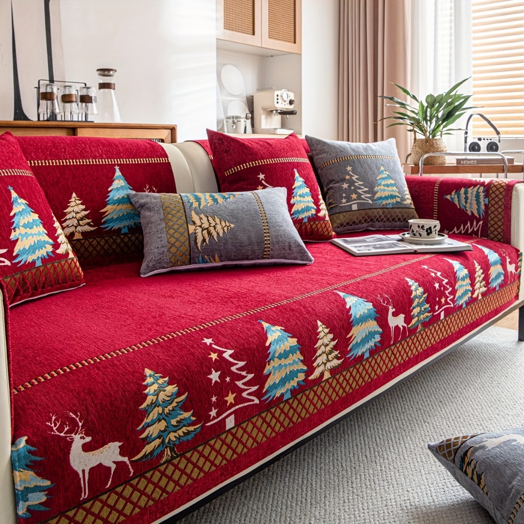 Boho-chic Christmas ผ้าคลุมโซฟา - เป็นมิตรกับสัตว์เลี้ยง, ผ้าคลุม Chenille ซักเครื่องได้สําหรับโซฟาเดี่ยวถึงสี่ที่นั่ง - เหมาะสําหรับห้องนั่งเล่นและตกแต่งสํานักงาน