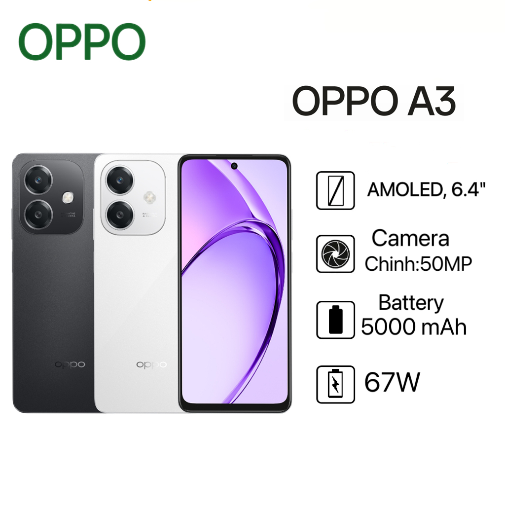 [New] OPPO A3 โทรศัพท์มือถือ 2024 โทรศัพท์เดิม 8GB RAM + 256GB ROM กล้อง 50 MP ชาร์จไว 45W แบตเตอรี่ 5100mAh รับประกัน 12 เดือน