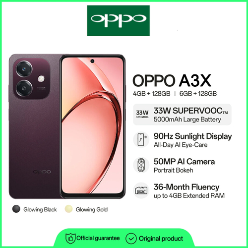 [พร้อมส่ง] OPPO A3x (ROM 4+RAM 64G) | โทรศัพท์มือถือ ดีไซน์สวย ทนทาน กล้อง 8 MP ชาร์จไว 45W แบตเตอรี่ 5100mAh รับประกัน 12 เดือน