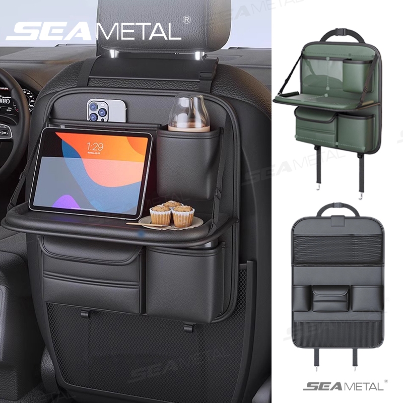 Seametal กระเป๋าเก็บของเบาะหลังรถยนต์ โต๊ะพับ ถังขยะหนังมัลติฟังก์ชั่น