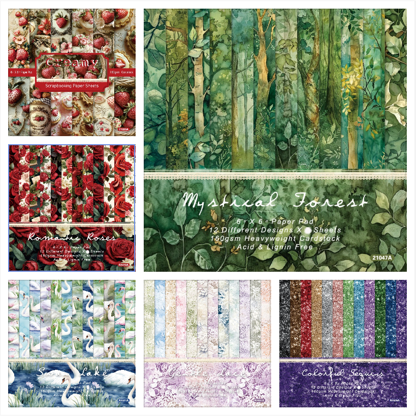 กระดาษแพ็ค 6"x6" Forest /Roses /swan 12 แผ่นกระดาษพื้นหลังศิลปะการ์ดทํา DIY กระดาษสมุดภาพหัตถกรรม