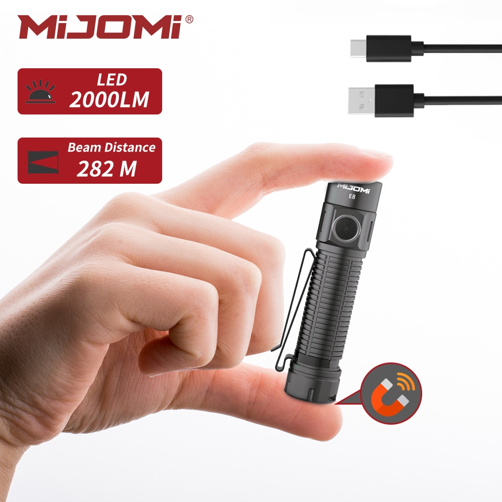 Mijomi EDC ไฟฉาย E8 2000 Lumen ความสว ่ างสูงไฟฉาย 18650 Type-C ไฟฉายแบบชาร ์ จไฟได ้ IPX8 กันน ้ ํา 282M Beam ระยะทางสําหรับกลางแจ ้ ง