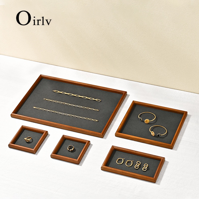 Oirlv ถาดแสดงเครื่องประดับไม้หลายขนาดกํามะหยี่เรียงรายเครื่องประดับสําหรับแหวนต่างหู SM234