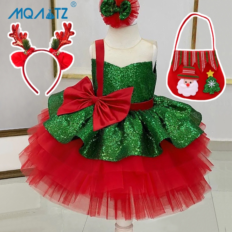 Mqatz สีเขียวคอสเพลย์ชุดคริสต์มาสโบว์ชุดเจ้าหญิงลูกไม้พรรคเสื้อผ้าแขนกุดสาวเครื่องแต่งกาย SD086