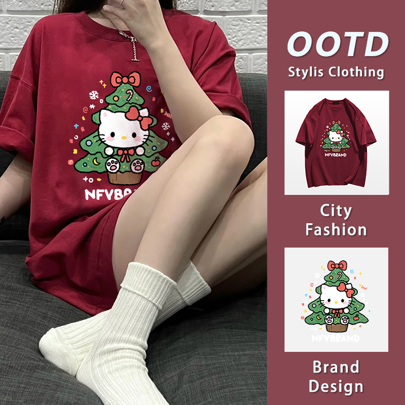 เสื้อยืดคริสต์มาส ผ้าฝ้ายแท้ใส่สบาย oversize แฟชั่น Hello Kitty สไตล์ลำลอง Christmas T-shirt YG1026