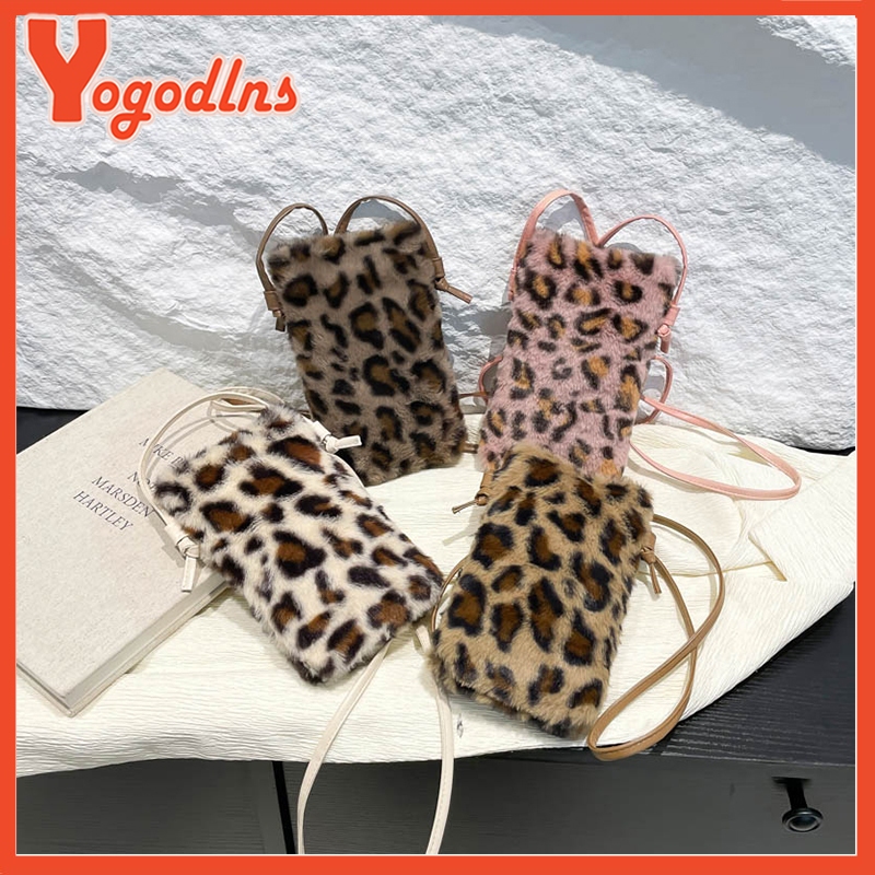 โยกอดลินส์ แฟชั่นผู้หญิงวัวพิมพ์มินิกระเป๋าสะพายฤดูหนาวตุ๊กตาเสือดาวปุยกระเป๋าโทรศัพท์ขนาดเล็ก