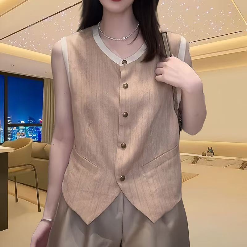 เสื้อกั๊กเสื้อเบลเซอร์ลายทางของผู้หญิงสํานักงานธุรกิจประกบเสื้อกั๊กสีวินเทจเงินเก่าเสื้อกล้ามแขนกุดเรียงรายเต็มรูปแบบ