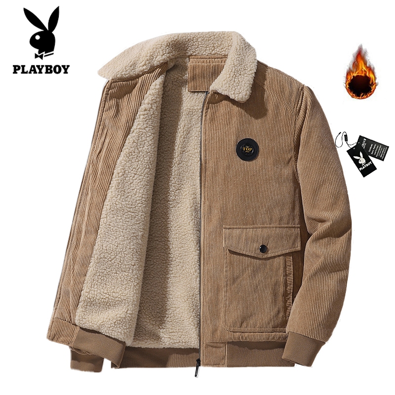 Playboy Corduroy ในฤดูใบไม้ร่วงและฤดูหนาวพร้อมผ้าฝ้ายเบาะLapel Lamb Woolเสื้อแจ็คเก็ตอุ่นชาย