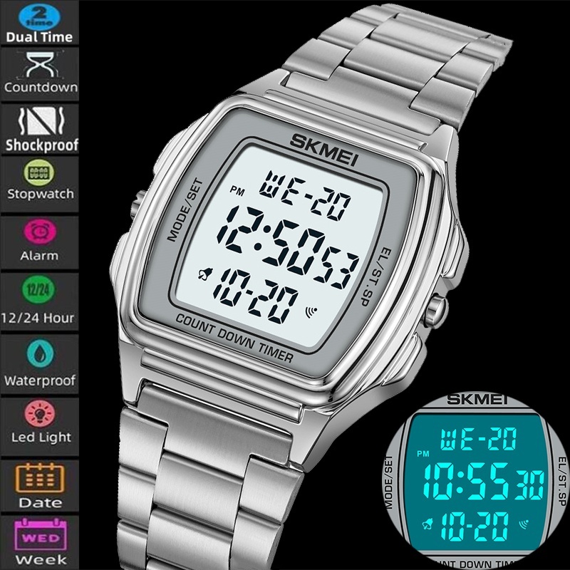 Skmei Man นาฬิกาดิจิตอลพร้อมวันที่หรูหราสายสแตนเลสด้านหลังไฟ LED กันน้ําบุรุษกีฬา Dual Time