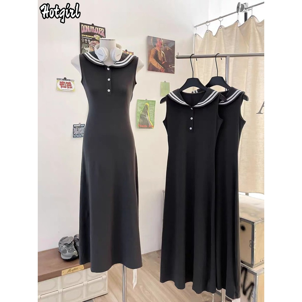 Hotgirl พร้อมส่ง✨ชุดเดรสผู้หญิง เดรสยาวเซ็กซี่ คอวี คอปกแขนกุด ทรงเอใส่สบาย สวยงามตามด้วยกระดุม