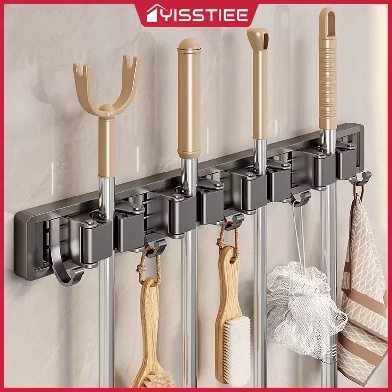 ชั้นวางของติดผนังอลูมิเนียม YissTiee ที่หนีบไม้กวาด ไม่ต้องเจาะที่แขวนถูพื้น