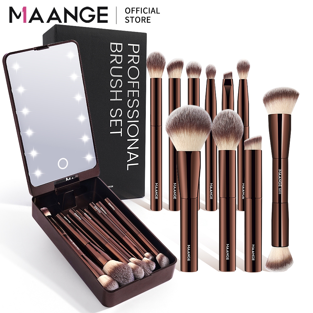 MAANGE แบบพกพาชุดแปรงแต่งหน้ามืออาชีพ 10/15ชิ้น พร้อมไฟ LED ชาร์จกระจกแต่งหน้า ชุดอุปกรณ์แต่งหน้าแบบพกพาสําหรับการเดินทางและทุกวัน 52355