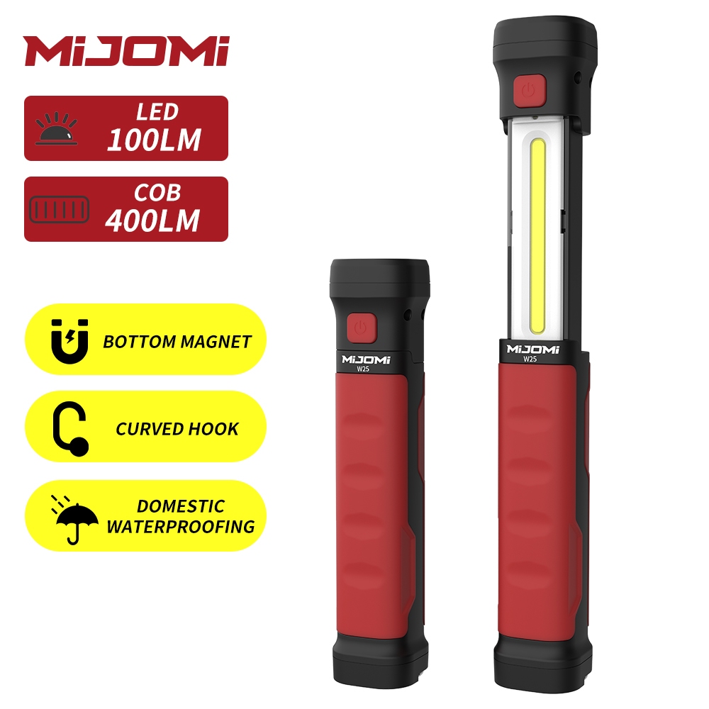 Mijomi COB ไฟฉาย W25 ไฟทํางานแบบชาร์จไฟได้ Ip54 กันน้ําแบบพกพาไฟฉาย 1200mah แบตเตอรี่ลิเธียมในตัว หางแม่เหล็กดูดซับที่แข็งแกร่งทํางานกลางคืนทํางานแสงกลางแจ้ง