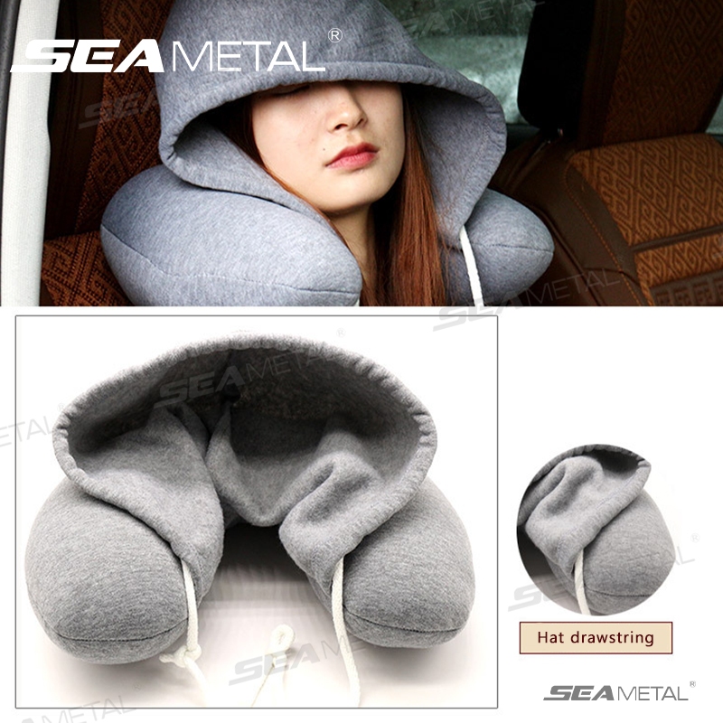 Seametal หมอนรองคอเดินทาง ม้วนเก็บได้ มีฮูดคลุมศีรษะ พกพาสะดวก พร้อมเชือกกระชับใบหน้า