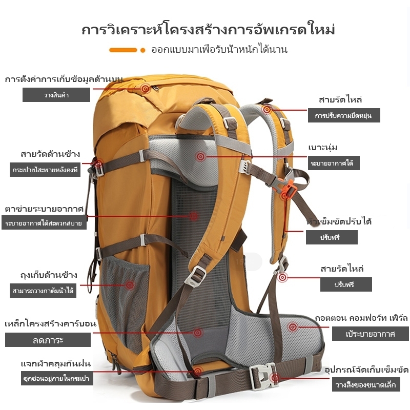 SPORT 50L กระเป๋าปีนเขากลางแจ้งความจุขนาดใหญ่เดินป่าเดินทางกระเป๋าเป้สะพายหลังกันน้ํา