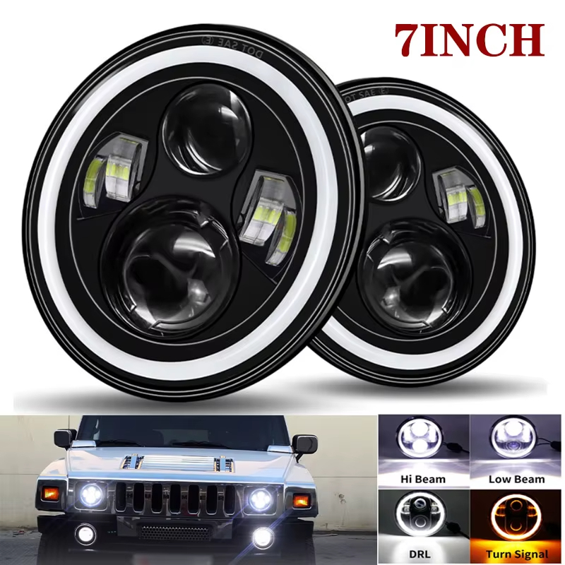 7 Led ไฟหน้ารถรถจักรยานยนต์ DRL H4 ไฟหน้าสําหรับ Harley BMW Yamha Honda Jeep Wrangler JK TJ CJ/Humme
