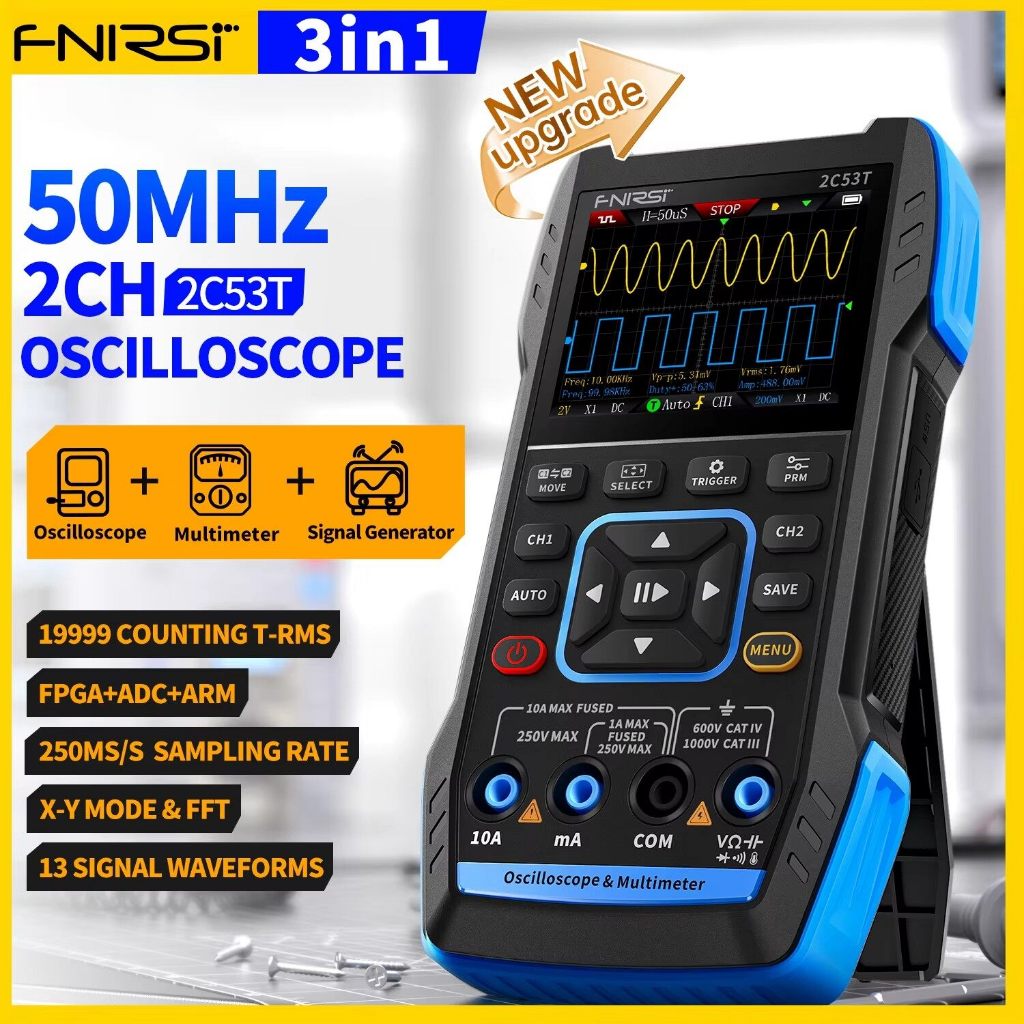 ⭐⭐⭐Fnirsi 2C53T 2C23T อัพเกรด 3in1 Oscilloscope มัลติมิเตอร์สัญญาณเครื่องกําเนิดไฟฟ้า 50MHz Bandwidt
