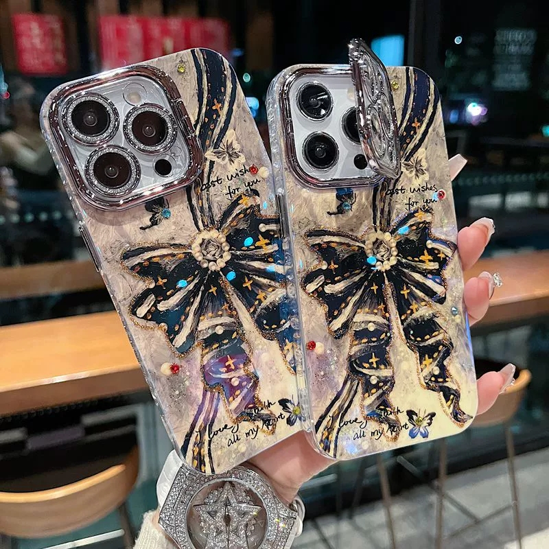 โบว์คริสต์มาส Candy Black case พร้อมเคสฟิล์มเลนส์พลิก เคส iPhone เคสซีรีส์ เหมาะสําหรับ iPhone 16promax เคส 15promax 14promax 15plus 16pro 16 15 14 13 12 11 case