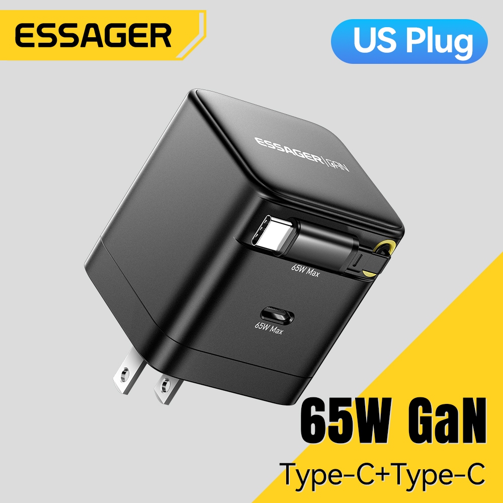 สายเคเบิลแบบยืดหดได้ Essager 65W + พอร์ต Type-C GAN Charger เทคโนโลยี SOC ชาร์จเร็ว