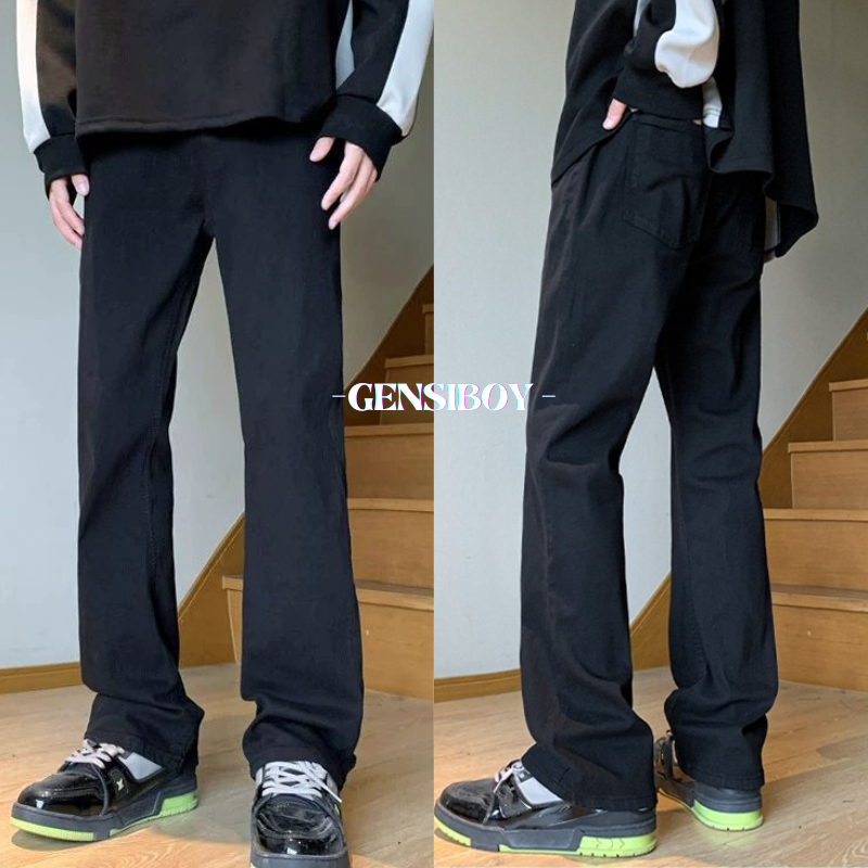 Gensiboy-กางเกงยีนส์ผู้ชายขายาว รูปแบบใหม่ล้าง ตรงหลวม กระบอกสีดํา ทรงกระบอกเอวสูง
