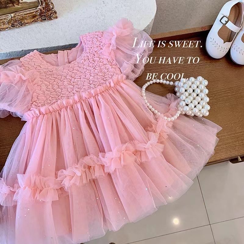 สวัสดีปีใหม่! ฤดูร้อนใหม่สีชมพูชีฟองเด็กผู้หญิงชุดเจ้าหญิง,งานแต่งงานเสื้อผ้าเด็กแขนสั้นตั้งแต่ 9 เดือนถึง 3 ปี