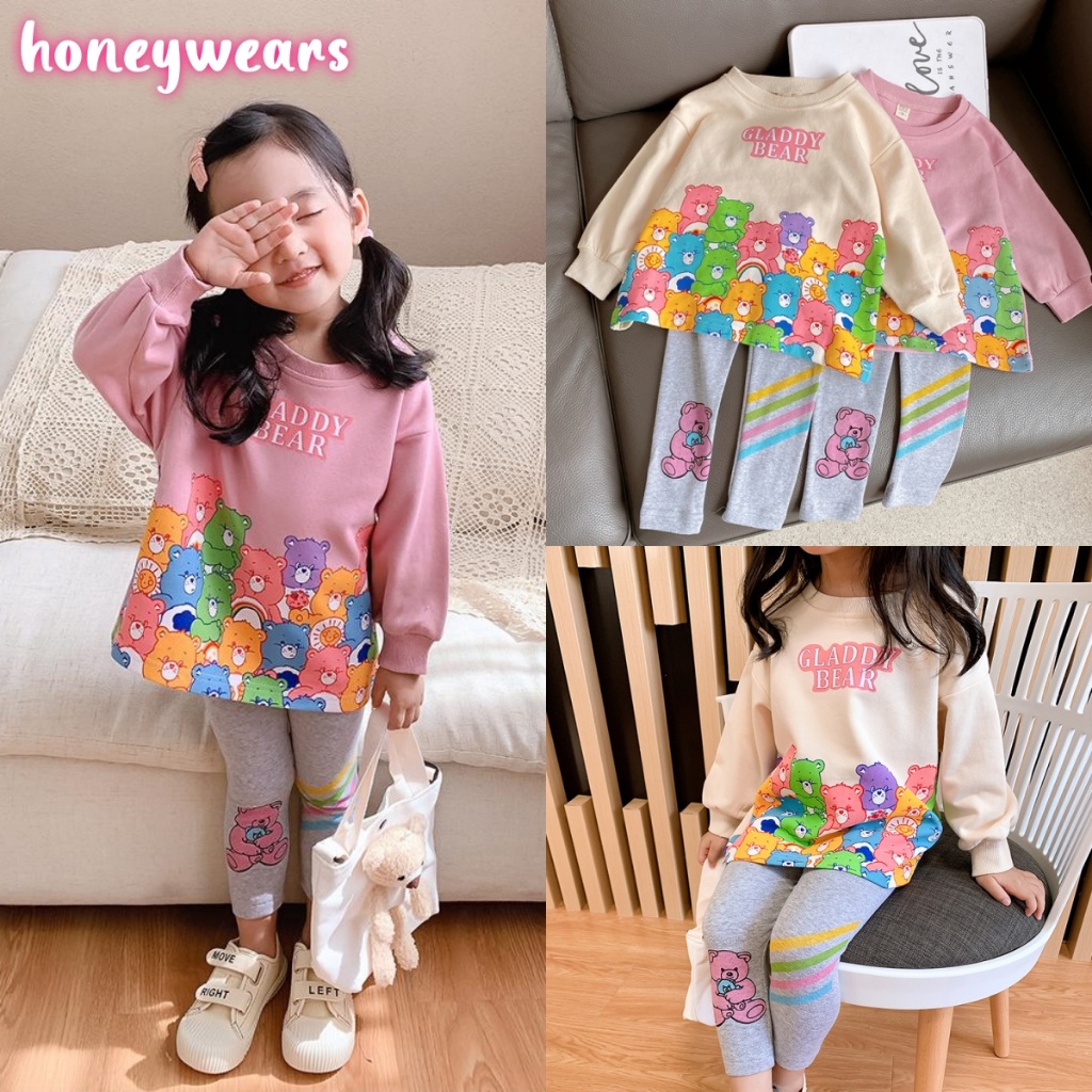 honeywears⚡️พร้อมส่ง⚡️เสื้อยืดแขนยาวกางเกงขายาว ชุดแฟชั่นสำหรับเด็ก สองชิ้น ลายการ์ตูนน่ารัก งานดี ใส่สบาย