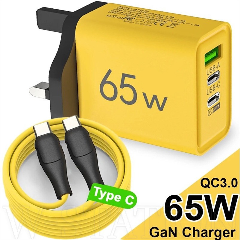 ชุดชาร์จ 65W - Type C QC3.0 Fast Charging PD USB Charger Wall Adapter - สายถ่ายโอนข้อมูลที่ทนทาน - สายเคเบิลข้อมูล Dual Type C สําหรับ Android