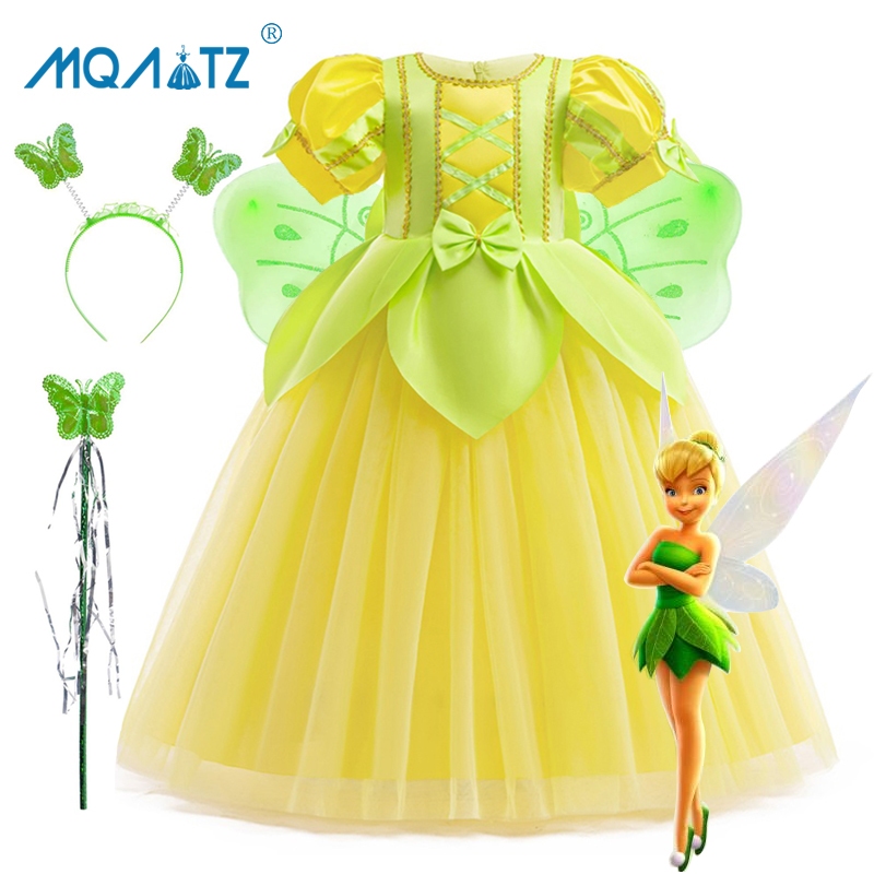 Mqatz ทิงเกอร์เบลล์สาวคอสเพลย์ชุดยาวเด็กเครื่องแต่งกายแขนสั้นชุดเจ้าหญิงโบว์พรรคเสื้อผ้า ASMR095