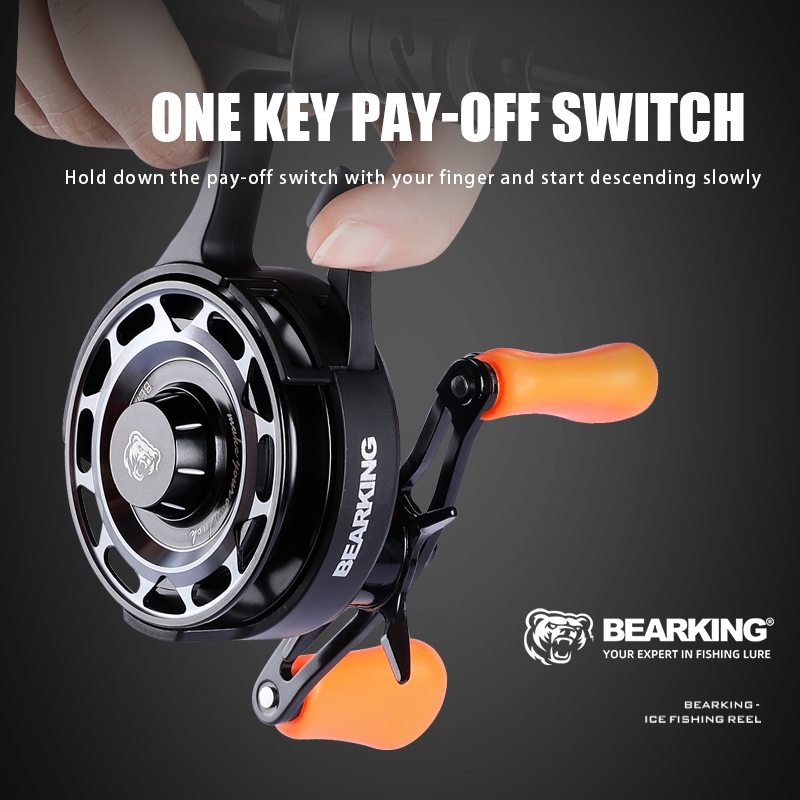 Bearking รอกตกปลาน้ําแข็งขาสูงพร้อมโครงสร้างเพลาไกด์คู่แม่เหล็กเรืองแสงอ่อนโยนเบรกโลหะทั้งหมดแกะสลักลวดถ้วย