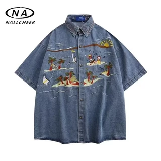 เสื้อเชิ้ตแขนสั้นวัยรุ่นผ้ายีนส์ เสื้อครึ่งแขนทรงหลวมและอเนกประสงค์อินเทรนด์