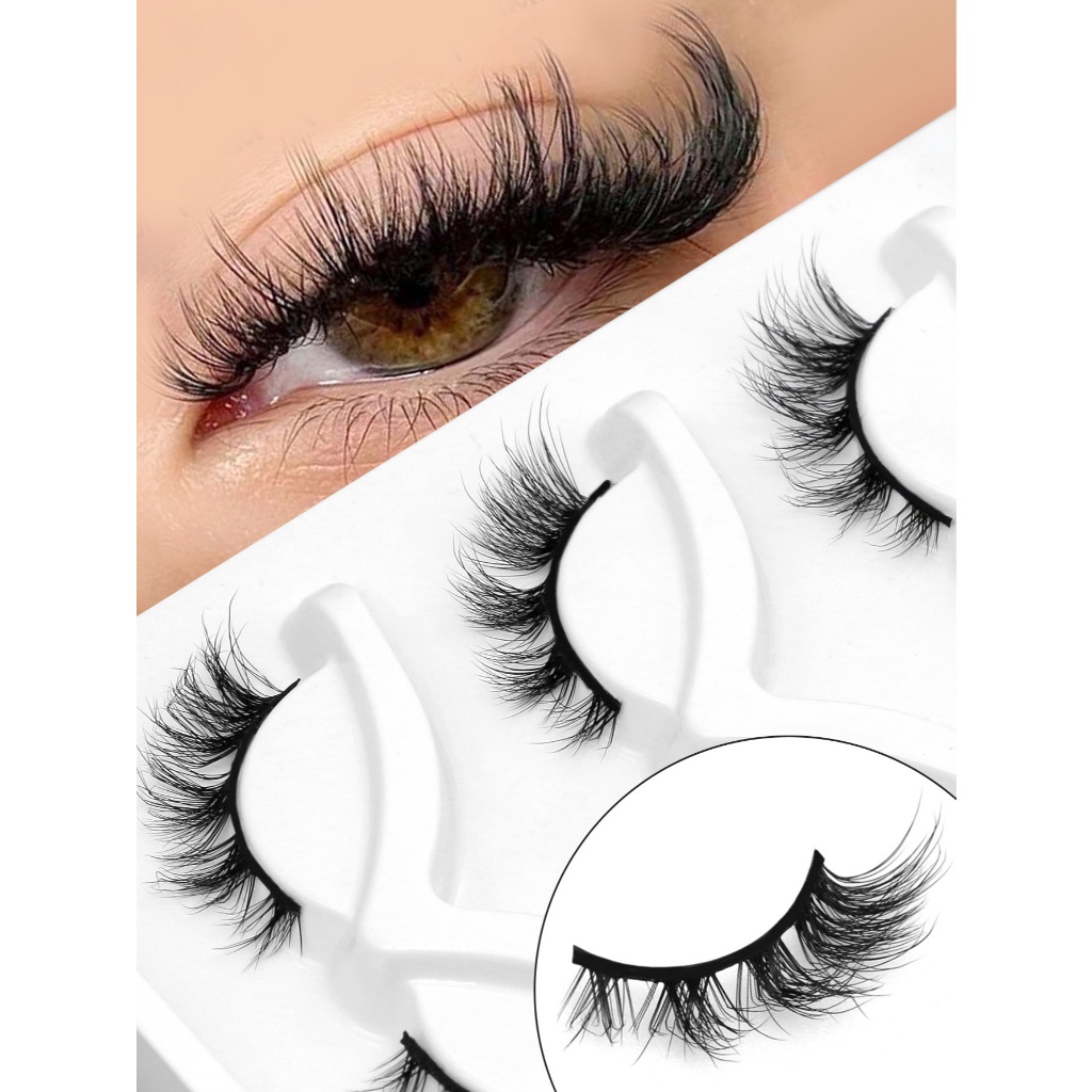 Groinneya ขนตาปลอม 3 คู่ Cat Eye Lashes 3D ธรรมชาติ Soft Cross Wispy Eyelash Extension