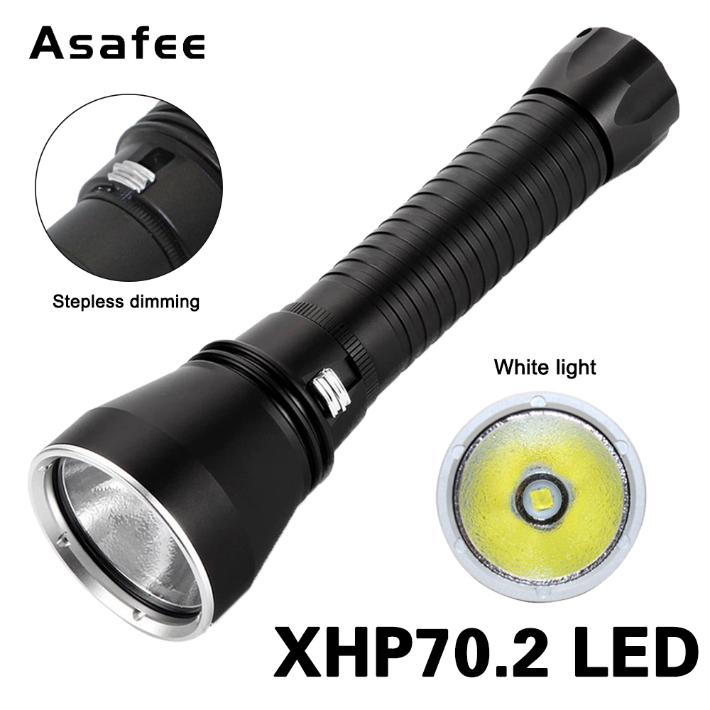 Asafee A26 5000LM ไฟฉายดําน้ําที่มีประสิทธิภาพสีขาว/สีเหลือง XHP70.2 LED LED ชาร์จไฟฉายดําน้ําลึก 10