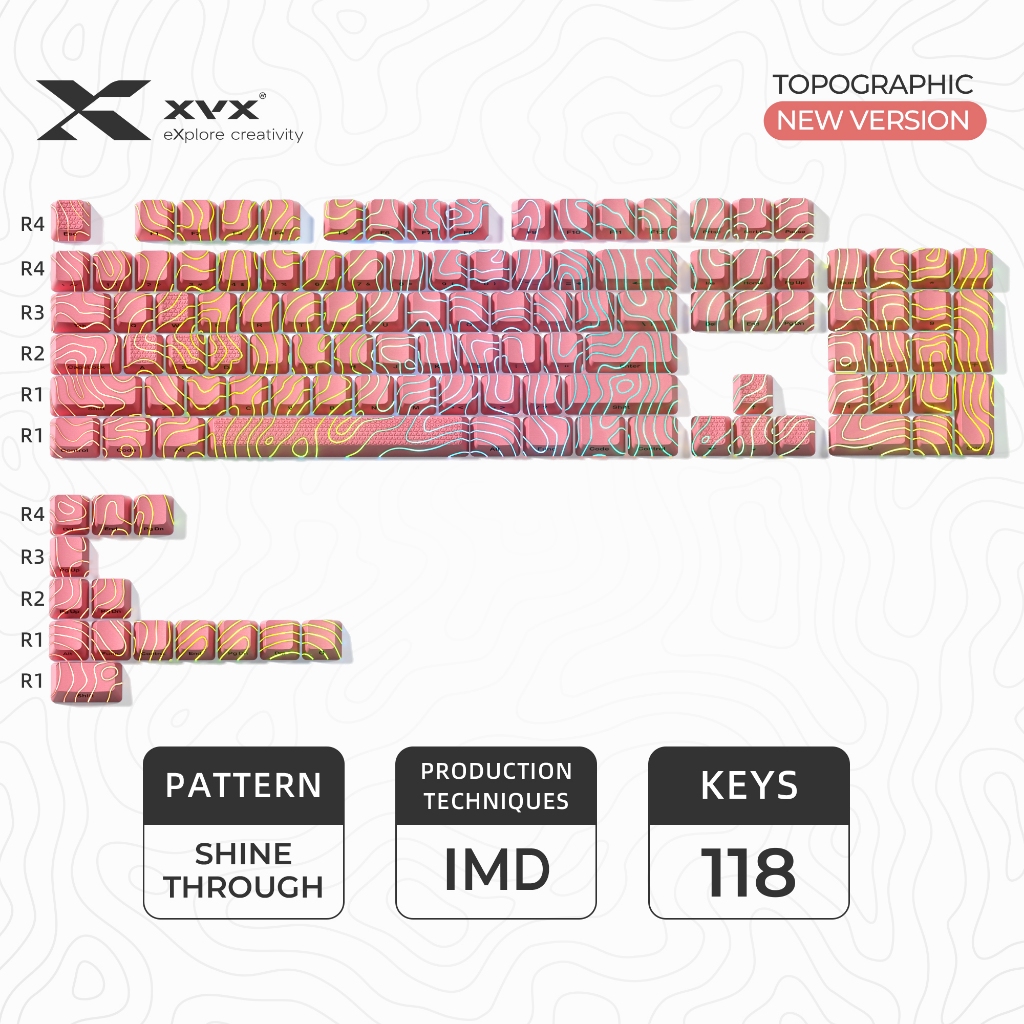 XVX Pink Topographic เวอร์ชันใหม่รูปแบบ Shine-Through OEM Profile IMD-Tech Keycap Set 118 คีย์